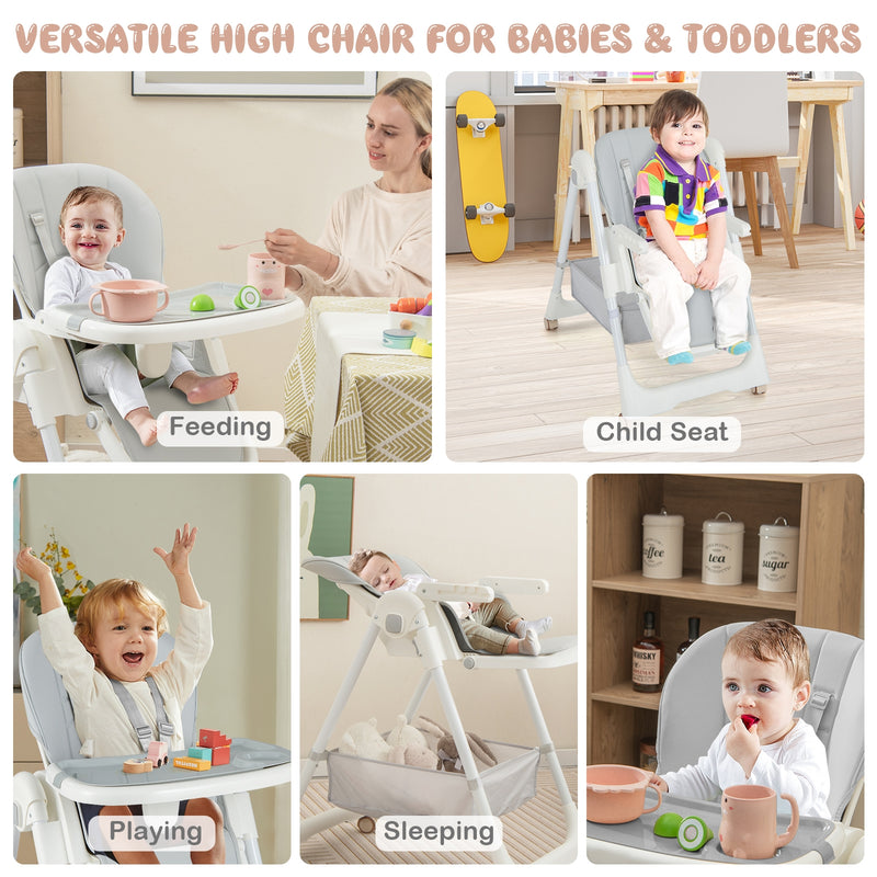 Convertible High Chair with Reclining Backrest for Babies and Toddlers-Gray