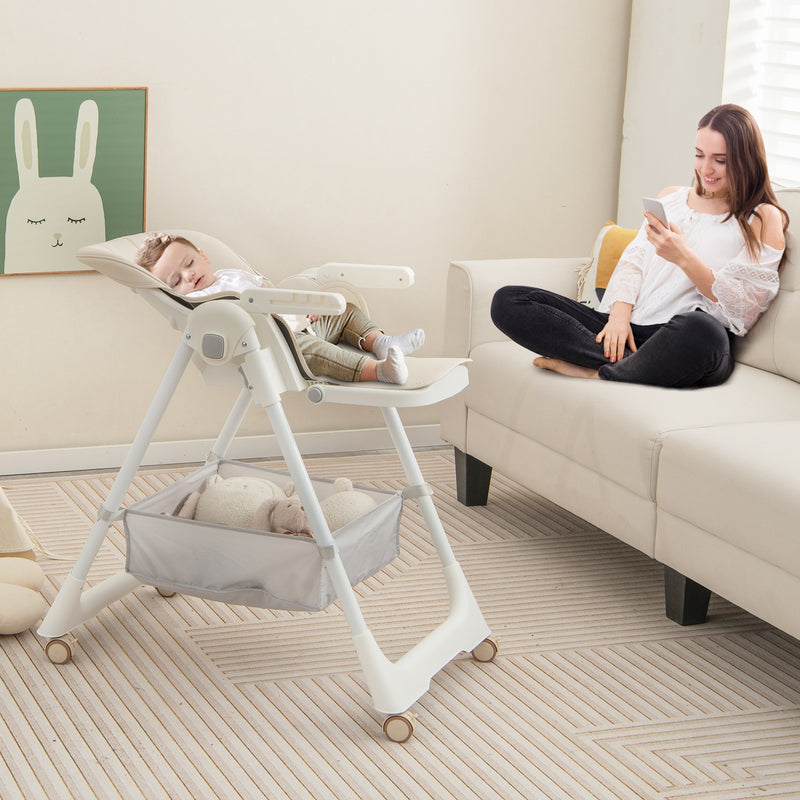 Convertible High Chair with Reclining Backrest for Babies and Toddlers-Beige