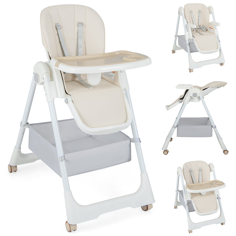 Convertible High Chair with Reclining Backrest for Babies and Toddlers-Beige