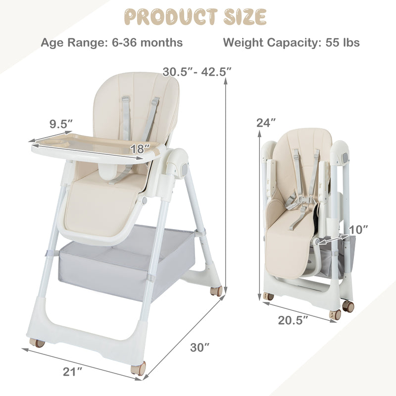 Convertible High Chair with Reclining Backrest for Babies and Toddlers-Beige