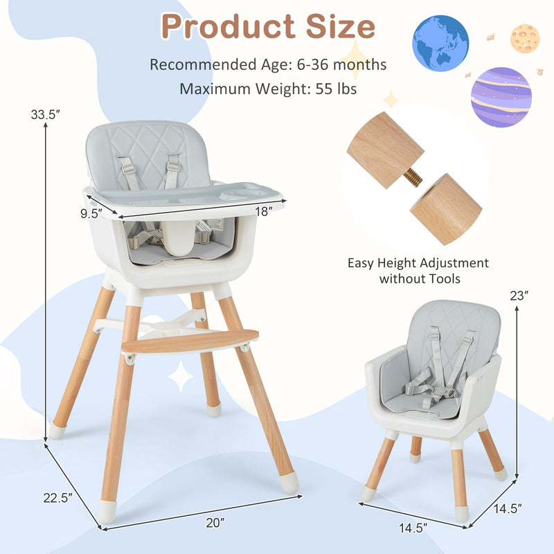 6-in-1 Convertible Baby High Chair with Adjustable Legs-Gray