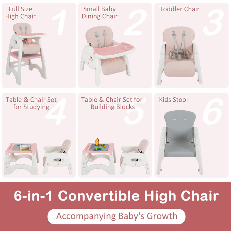 6-in-1 Baby High Chair with Removable Double Tray-Pink