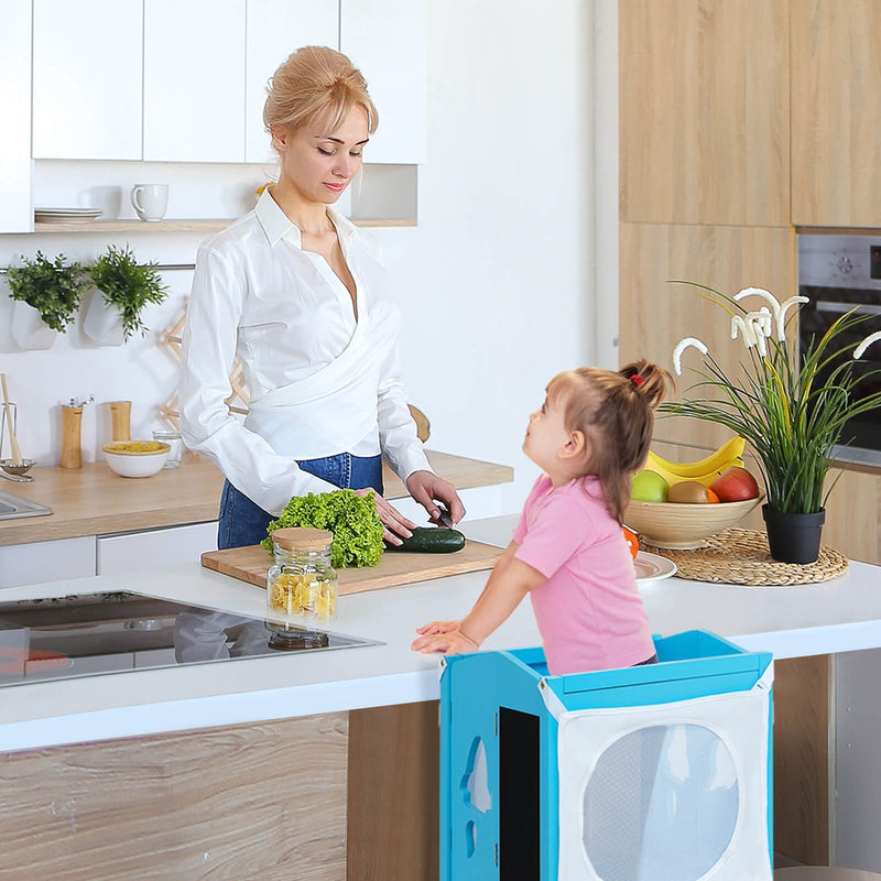 Wooden Folding Kids Kitchen Step Stool with 2-Level Adjustable Height-Blue