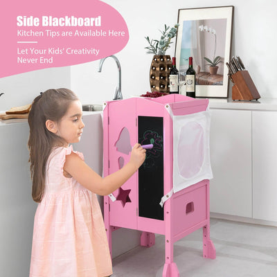 Wooden Folding Kids Kitchen Step Stool with 2-Level Adjustable Height-Pink