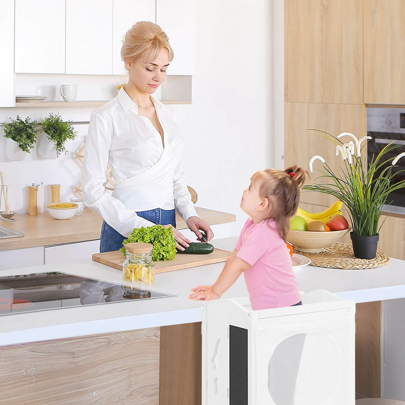 Wooden Folding Kids Kitchen Step Stool with 2-Level Adjustable Height-White