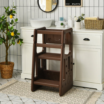 Kids Kitchen Step Stool with Double Safety Rails -Brown