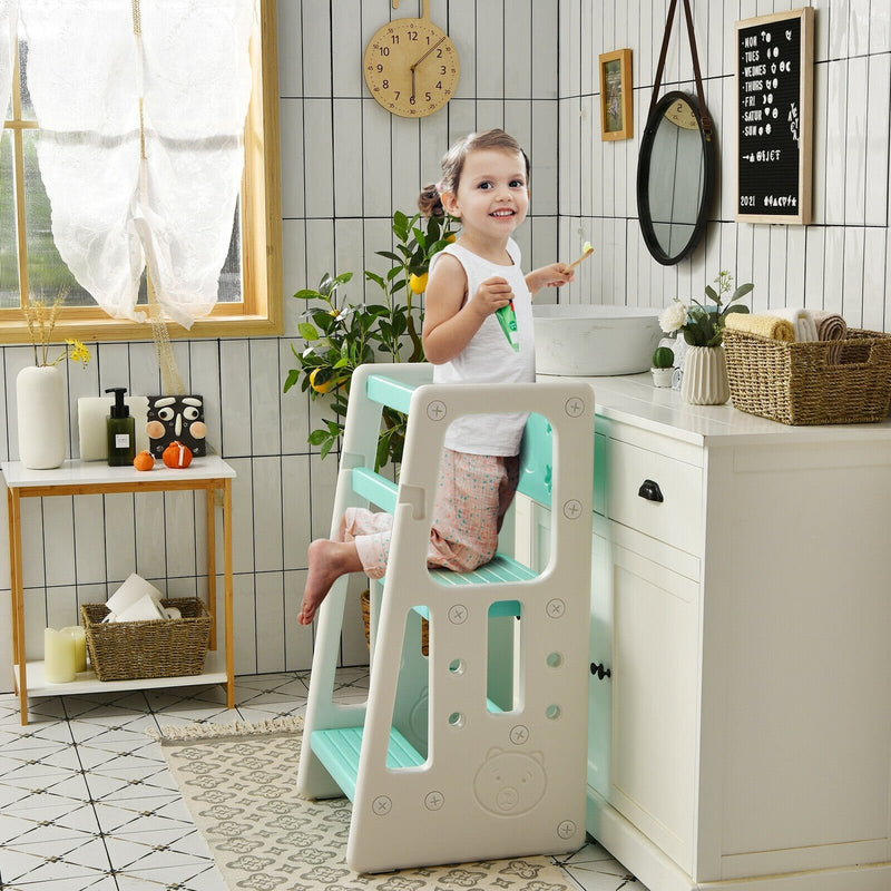 Kids Kitchen Step Stool with Double Safety Rails -Green