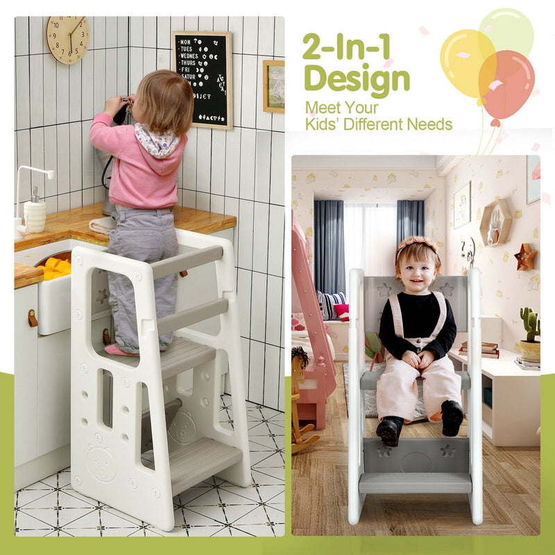 Kids Kitchen Step Stool with Double Safety Rails -Gray