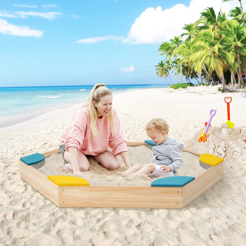 Outdoor Solid Wood Sandbox with 6 Built-in Fan-shaped Seats