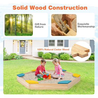 Outdoor Solid Wood Sandbox with 6 Built-in Fan-shaped Seats