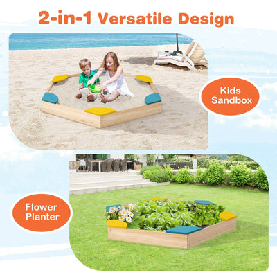 Outdoor Solid Wood Sandbox with 6 Built-in Fan-shaped Seats