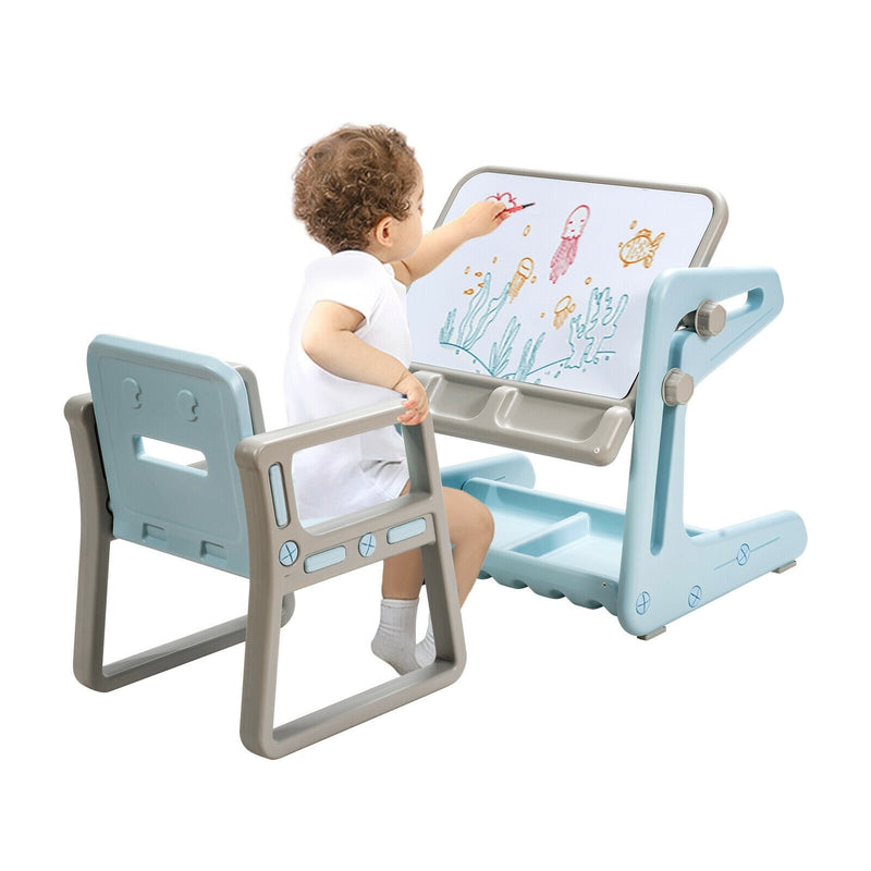 2 in 1 Kids Easel Table and Chair Set  with Adjustable Art Painting Board-Blue