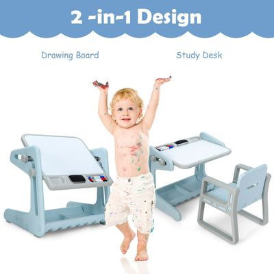 2 in 1 Kids Easel Table and Chair Set  with Adjustable Art Painting Board-Blue