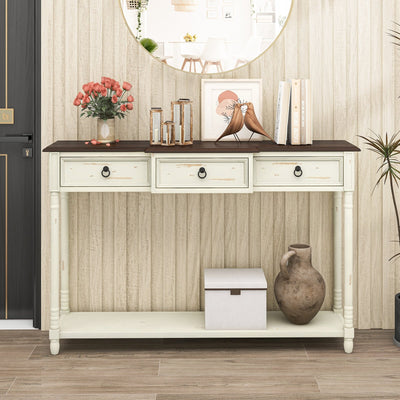 52 Inch Farmhouse Console Table with 3 Drawers and Open Storage Shelf for Hallway