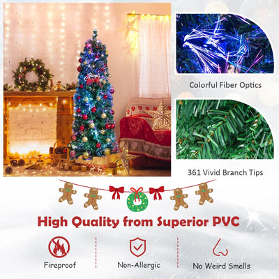 5/6/7/8 FT Pre-Lit Christmas Pencil Tree with Colorful Fiber Optics Green-5 ft