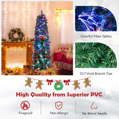 5/6/7/8 FT Pre-Lit Christmas Pencil Tree with Colorful Fiber Optics Green-6 ft