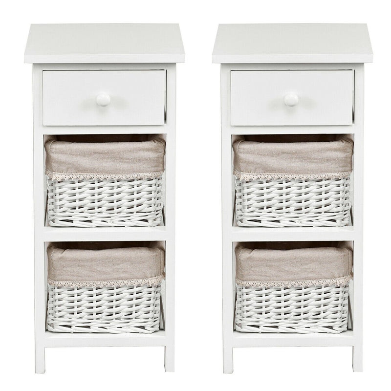 2 Pieces Bedroom Bedside End Table with Drawer Baskets-White