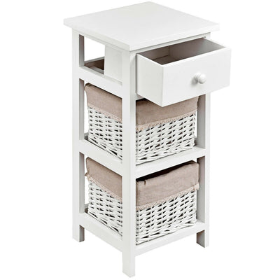 2 Pieces Bedroom Bedside End Table with Drawer Baskets-White