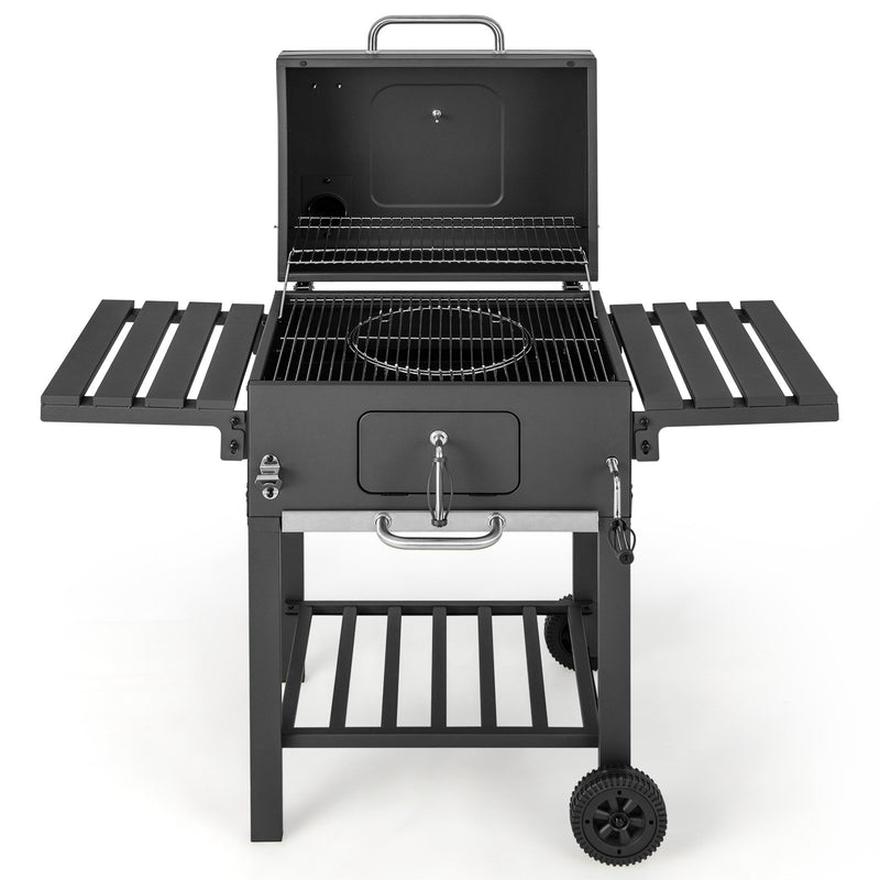 Outdoor BBQ Charcoal Grill with 2 Foldable Side Table and Wheels