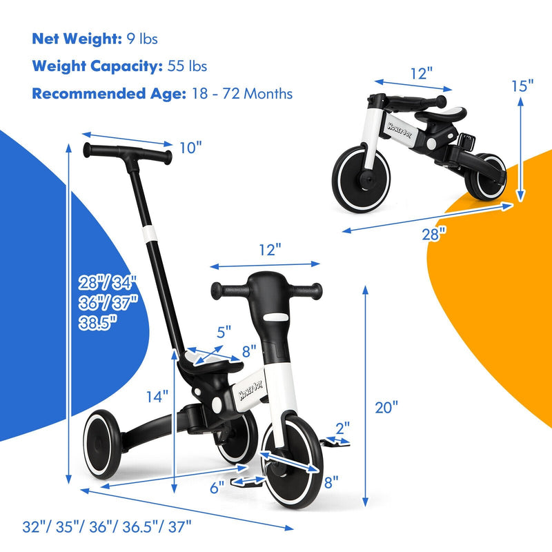 4-in-1 Kids Tricycle with Adjustable Parent Push Handle and Detachable Pedals-White