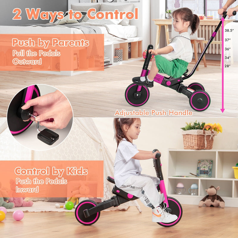 4-in-1 Kids Tricycle with Adjustable Parent Push Handle and Detachable Pedals-Pink