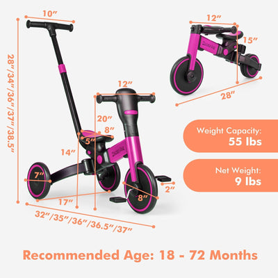 4-in-1 Kids Tricycle with Adjustable Parent Push Handle and Detachable Pedals-Pink