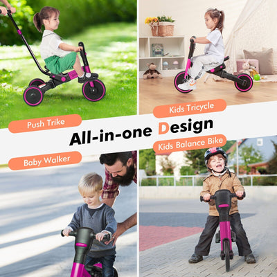 4-in-1 Kids Tricycle with Adjustable Parent Push Handle and Detachable Pedals-Pink