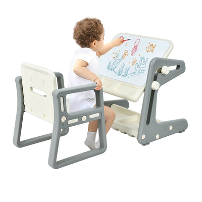 2 in 1 Kids Easel Table and Chair Set with Adjustable Art Painting Board-Gray