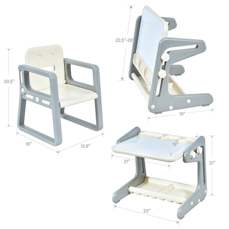 2 in 1 Kids Easel Table and Chair Set with Adjustable Art Painting Board-Gray