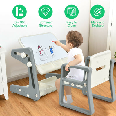 2 in 1 Kids Easel Table and Chair Set with Adjustable Art Painting Board-Gray