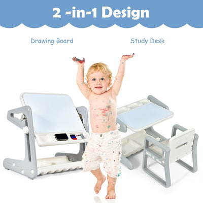 2 in 1 Kids Easel Table and Chair Set with Adjustable Art Painting Board-Gray