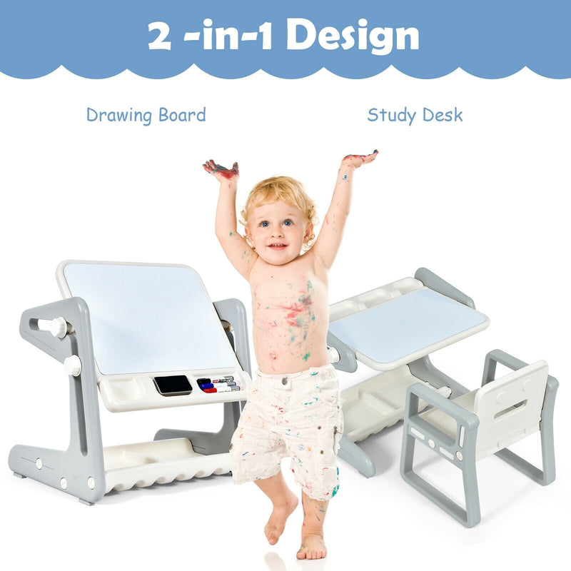 2 in 1 Kids Easel Table and Chair Set with Adjustable Art Painting Board-Gray