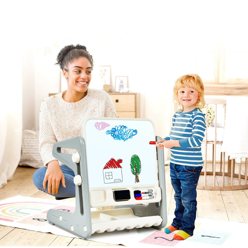 2 in 1 Kids Easel Table and Chair Set with Adjustable Art Painting Board-Gray