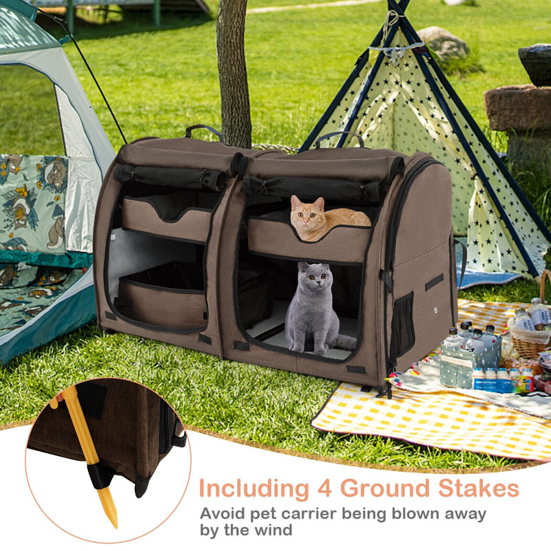 Double Compartment Pet Carrier with 2 Removable Hammocks-Brown