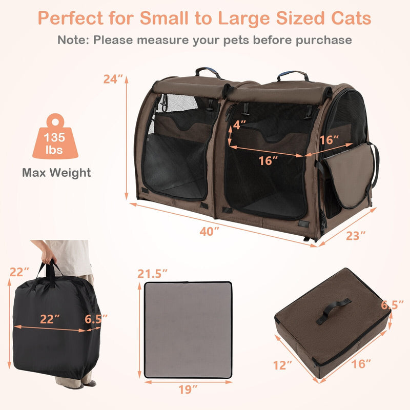 Double Compartment Pet Carrier with 2 Removable Hammocks-Brown