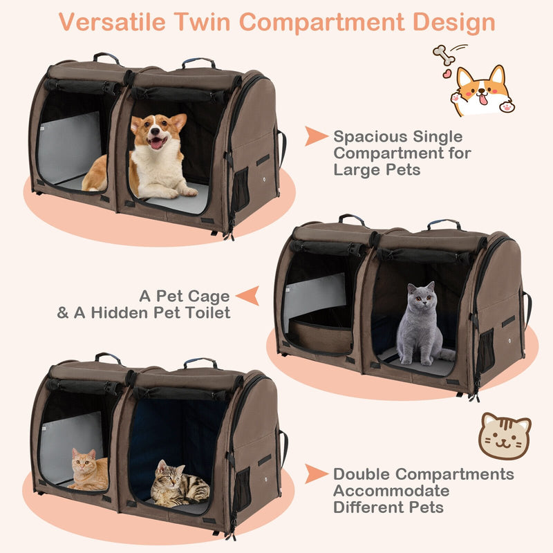 Double Compartment Pet Carrier with 2 Removable Hammocks-Brown