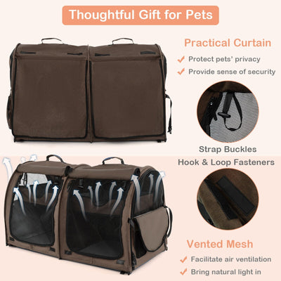 Double Compartment Pet Carrier with 2 Removable Hammocks-Brown