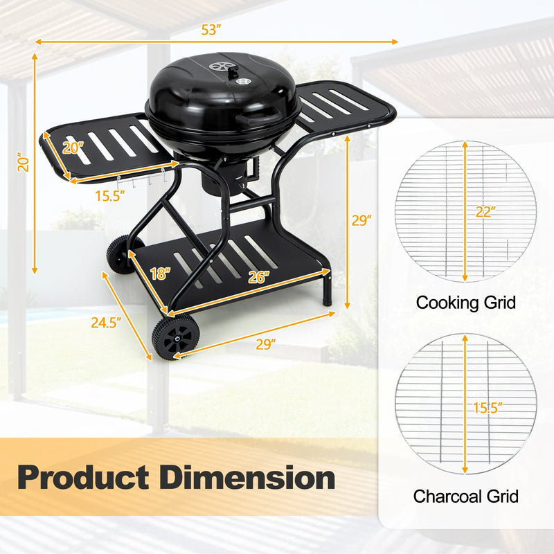 22 Inches 2 Layer Racks Barbecue Grill with Wheels for Outdoor Camping-Black