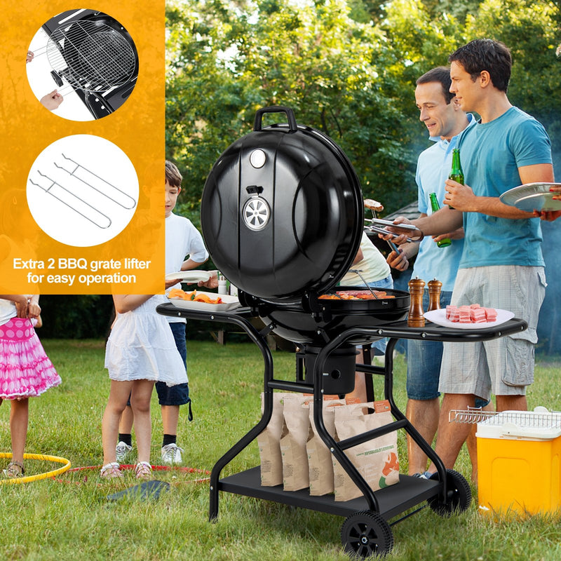 22 Inches 2 Layer Racks Barbecue Grill with Wheels for Outdoor Camping-Black