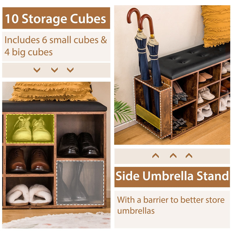 Shoe Storage Bench with Umbrella Stand and Adjustable Shelf-Rustic Brown