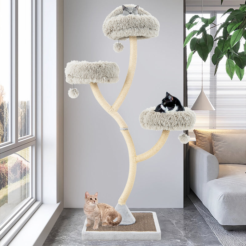 70 Inch Tall Cat Tree 4-Layer Cat Tower with 3 Perches and Dangling Balls-Gray