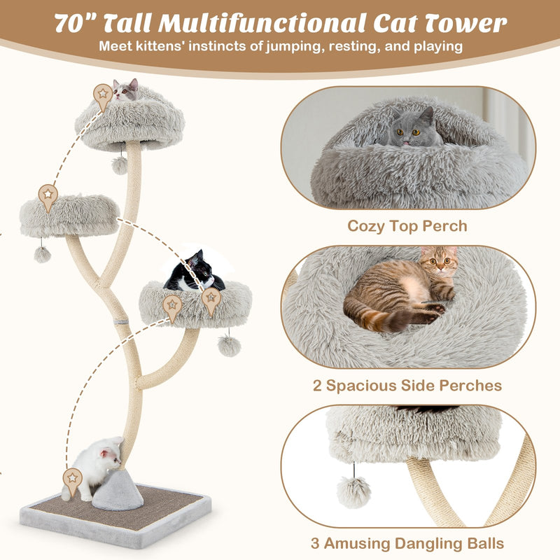 70 Inch Tall Cat Tree 4-Layer Cat Tower with 3 Perches and Dangling Balls-Gray