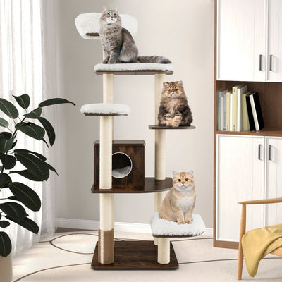 7-Layer Wooden Cat Tree Tall Cat Tower with Sisal Posts and Condo-Brown