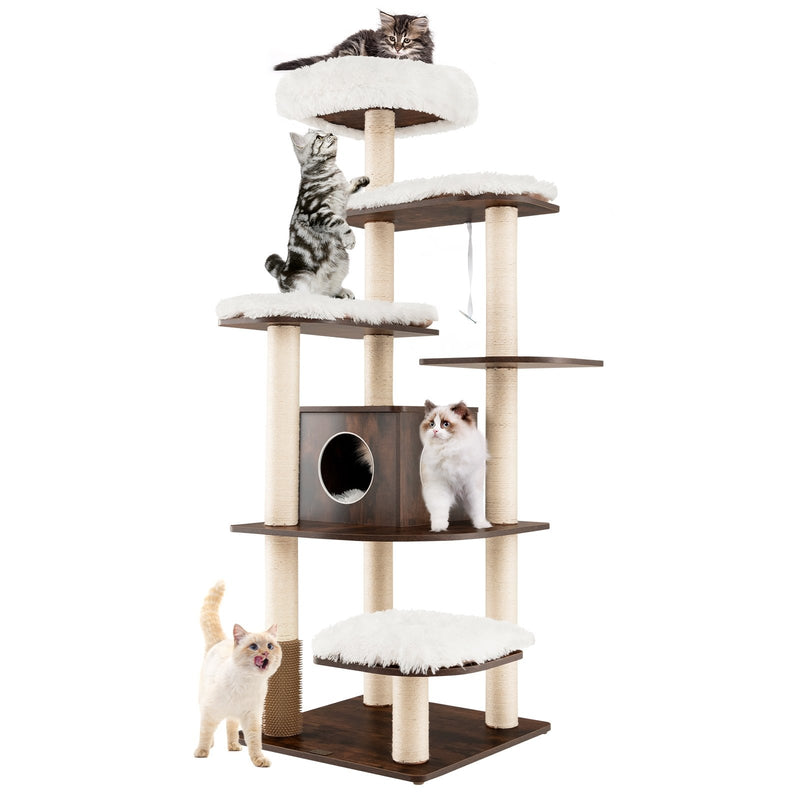 7-Layer Wooden Cat Tree Tall Cat Tower with Sisal Posts and Condo-Brown