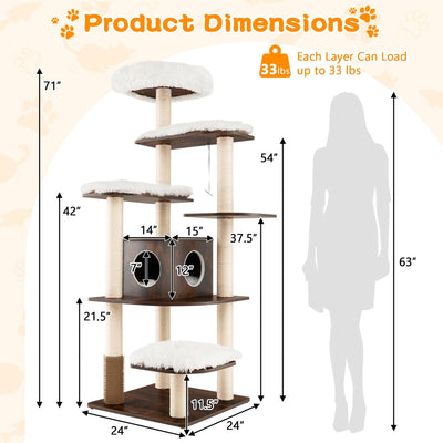 7-Layer Wooden Cat Tree Tall Cat Tower with Sisal Posts and Condo-Brown