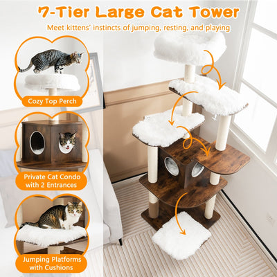 7-Layer Wooden Cat Tree Tall Cat Tower with Sisal Posts and Condo-Brown