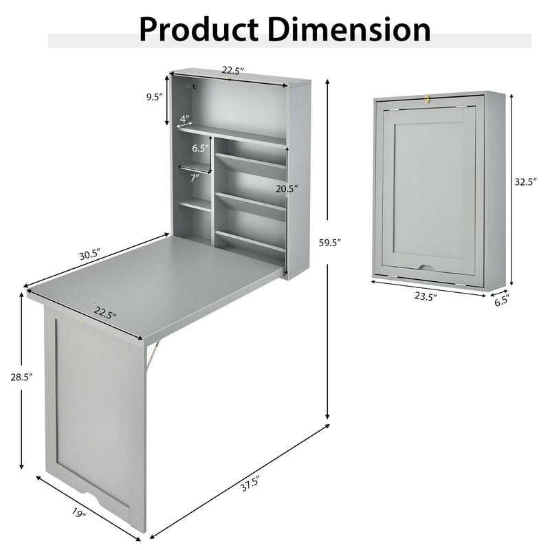 Wall-Mounted Fold-Out Convertible Floating Desk Space Saver-Gray