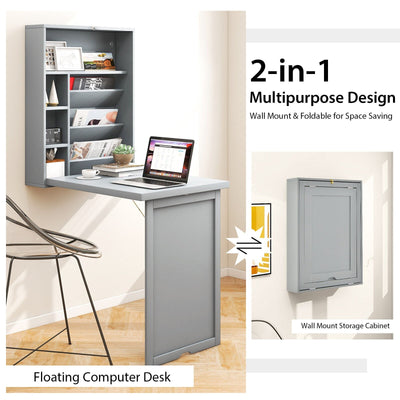 Wall-Mounted Fold-Out Convertible Floating Desk Space Saver-Gray