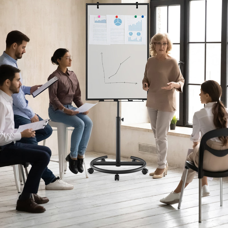 Height-Adjustable Mobile Whiteboard with Round Stand Paper Clips-Black