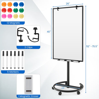 Height-Adjustable Mobile Whiteboard with Round Stand Paper Clips-Black